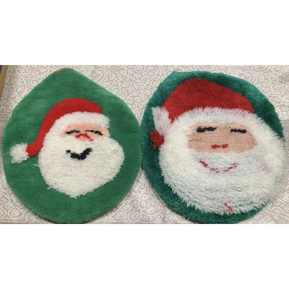 2 Vintage Santa Claus Toilet Seat Cover Hook Rug Fuzzy Christmas